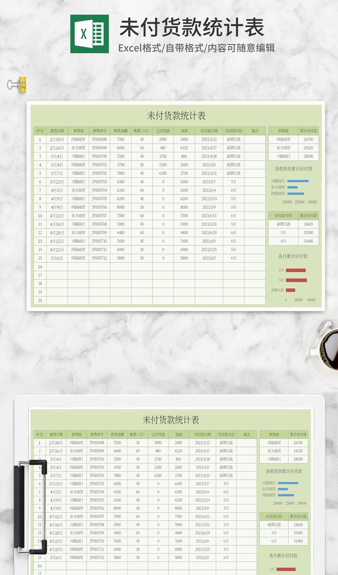 绿色未付货款统计表Excel模板