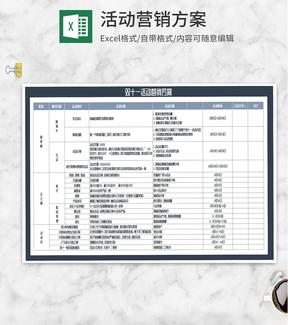 双十一店铺活动营销方案Excel模板