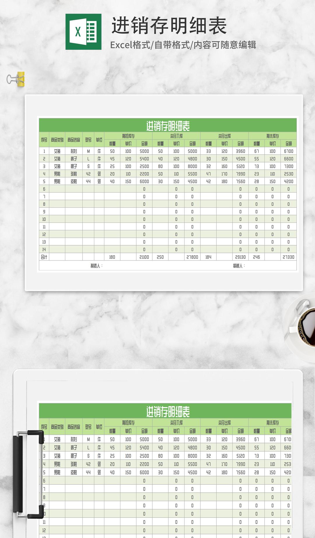 绿色商品进销存明细表Excel模板