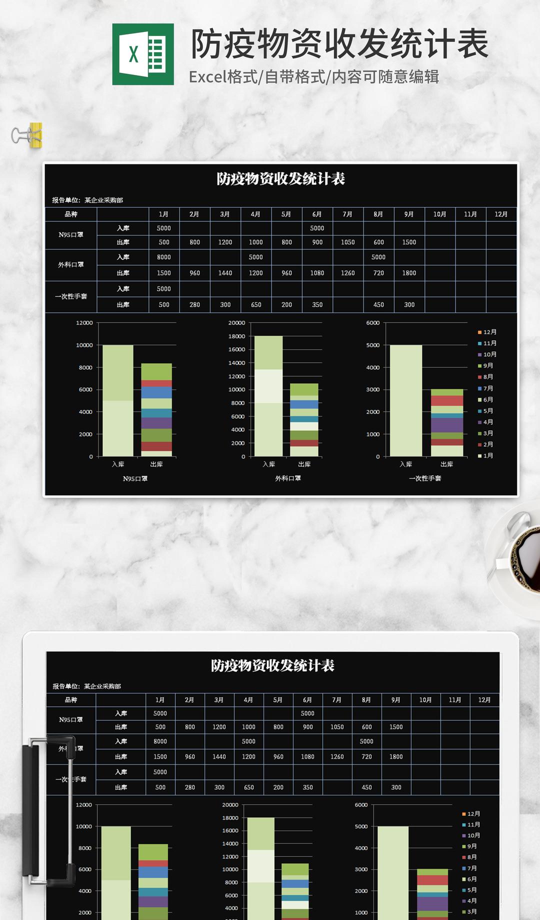 简约黑色防疫物资收发统计表Excel模板