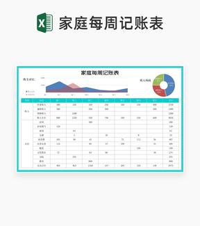 简约青色家庭每周记账表Excel模板