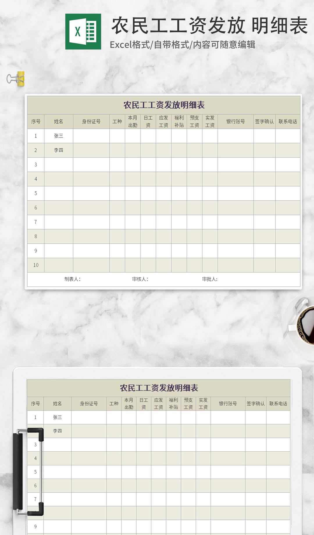 农民工工资发放明细表Excel模板