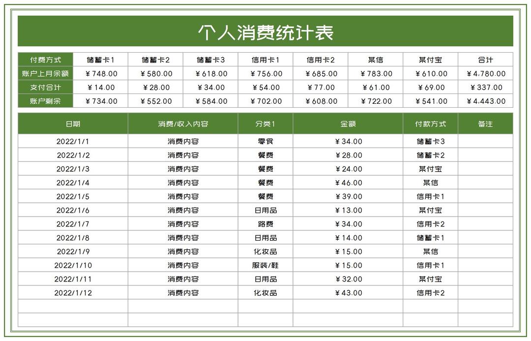 绿色个人账户消费明细统计表Excel模板