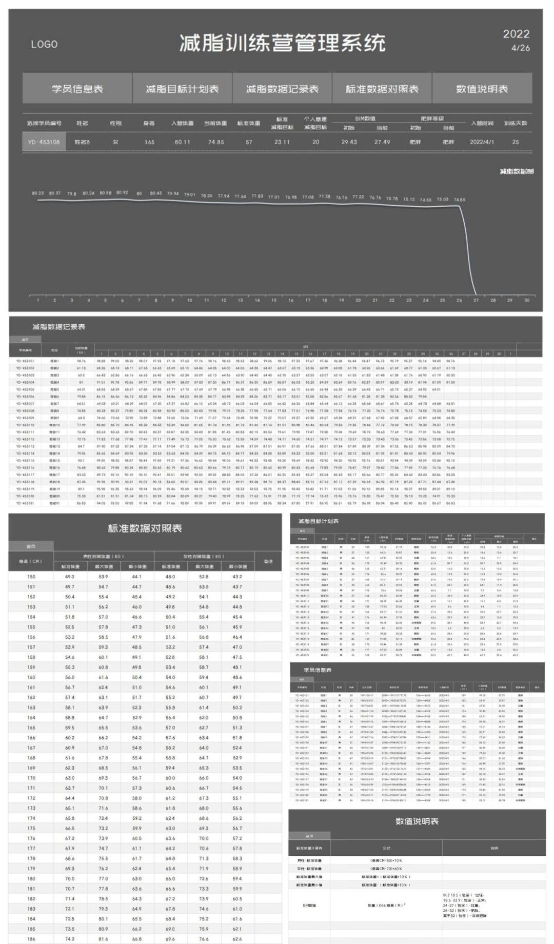 商务风灰色减脂训练营管理系统Excel模板