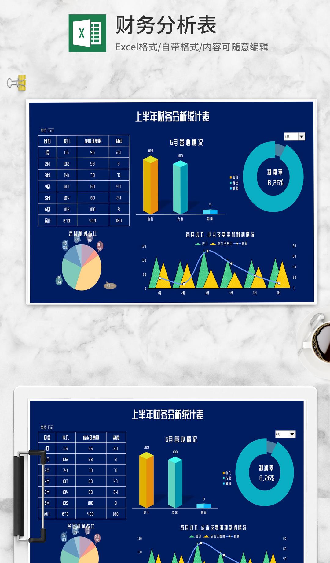 深蓝上半年财务分析统计表Excel模板