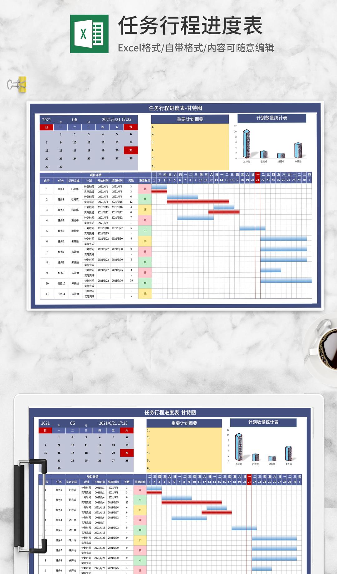 任务行程进度表-甘特图Excel模板