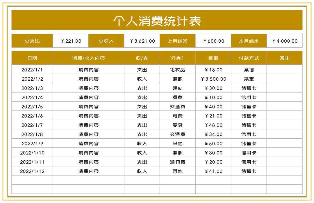 个人消费汇总统计表Excel模板