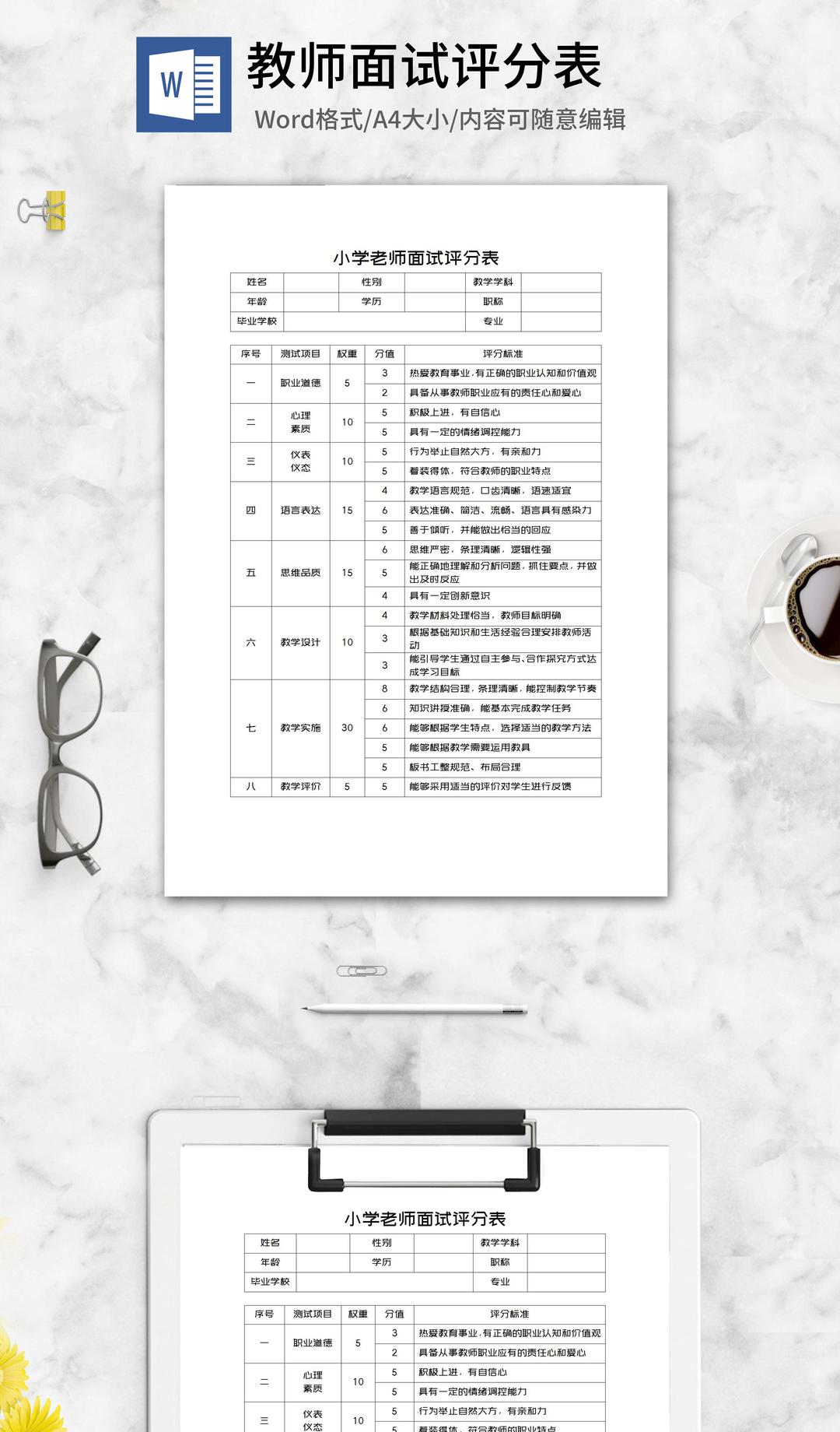 小学老师面试评分表word模板