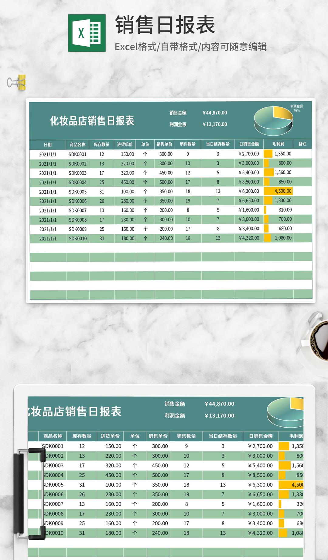 绿色化妆品店销售日报表Excel模板