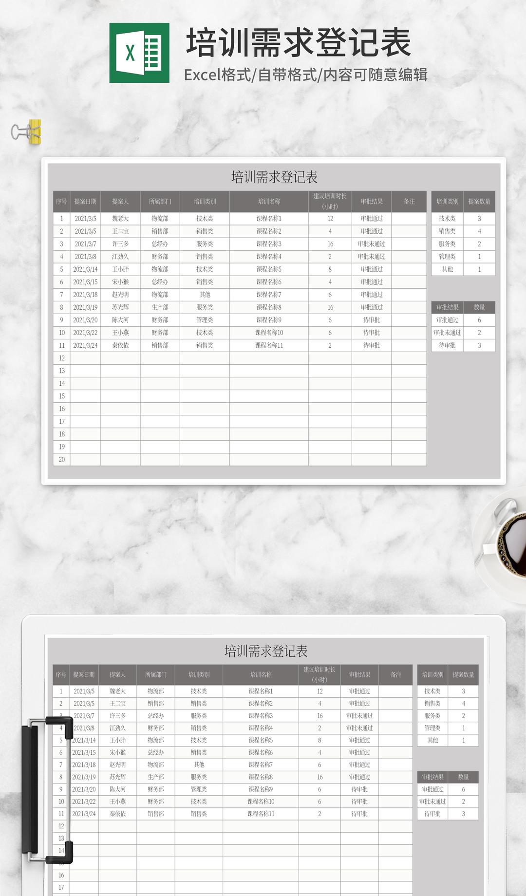 灰色培训需求登记表Excel模板