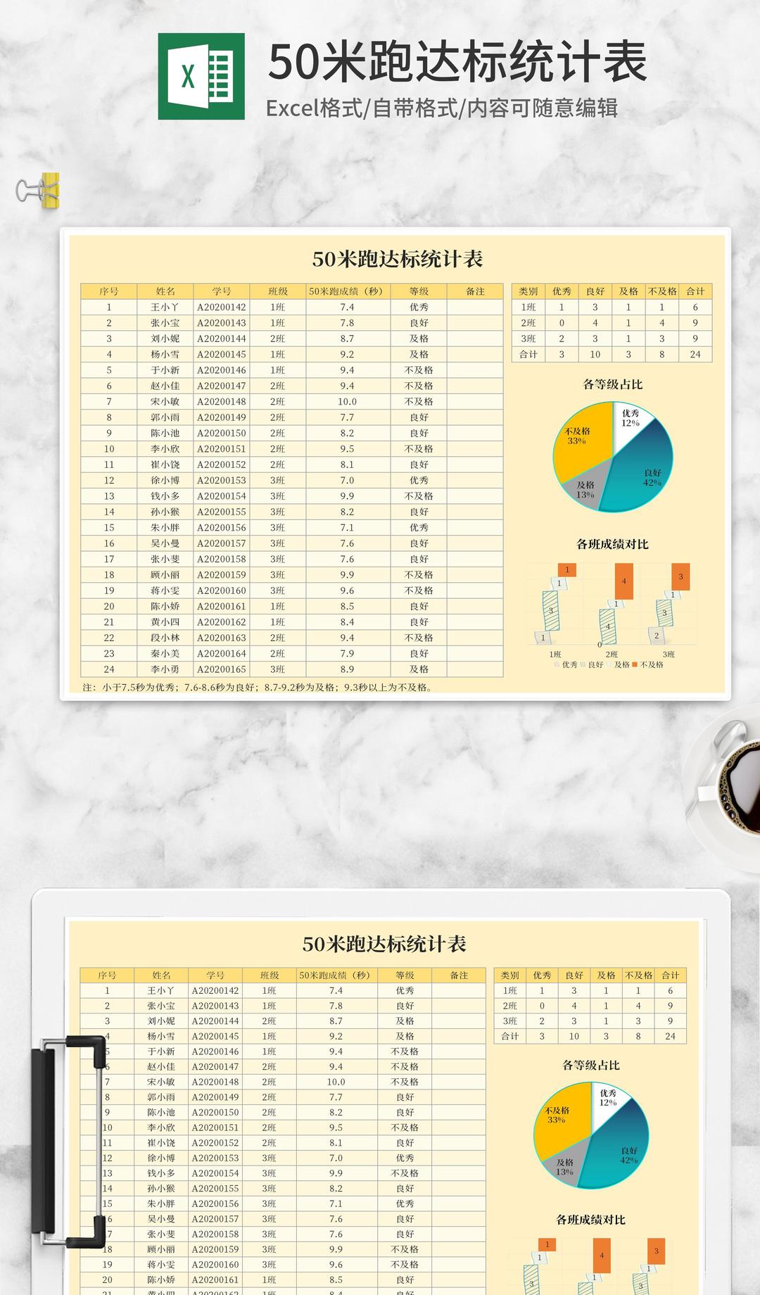 黄色50米跑达标统计表Excel模板