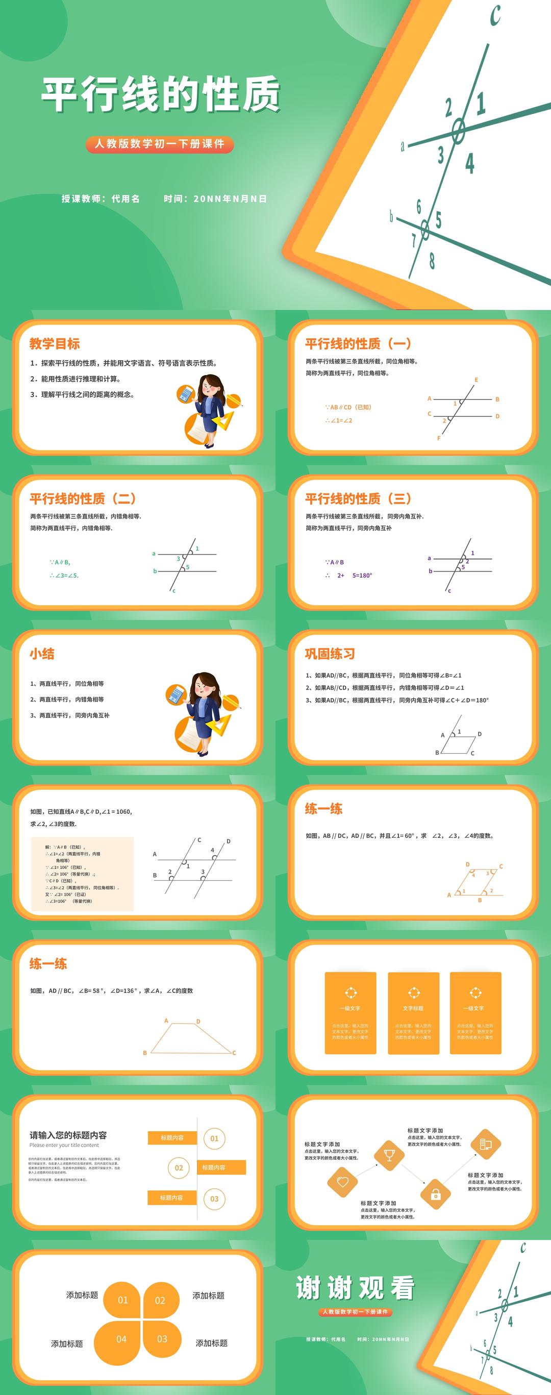 绿色卡通风数学初一课件平行线的性质PPT模板