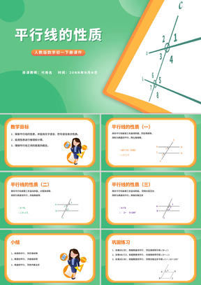 绿色卡通风数学初一课件平行线的性质PPT模板