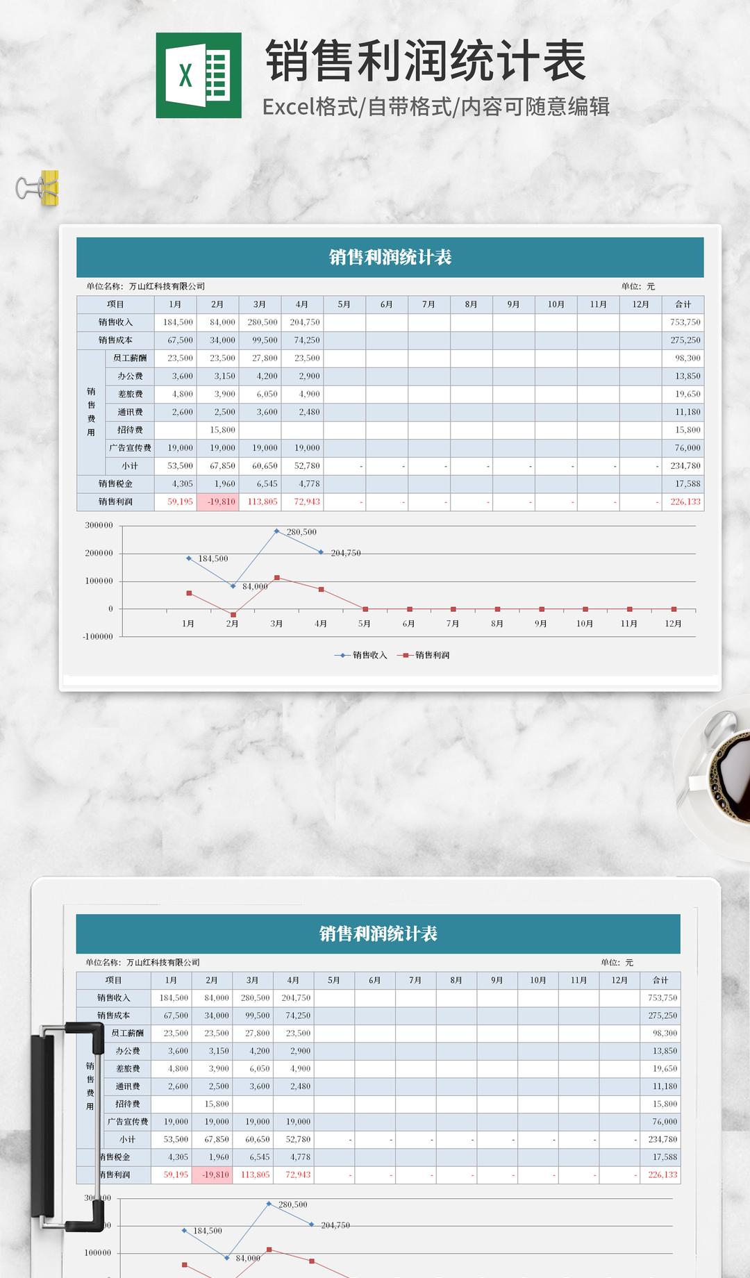 简约蓝色企业销售利润Excel统计模板