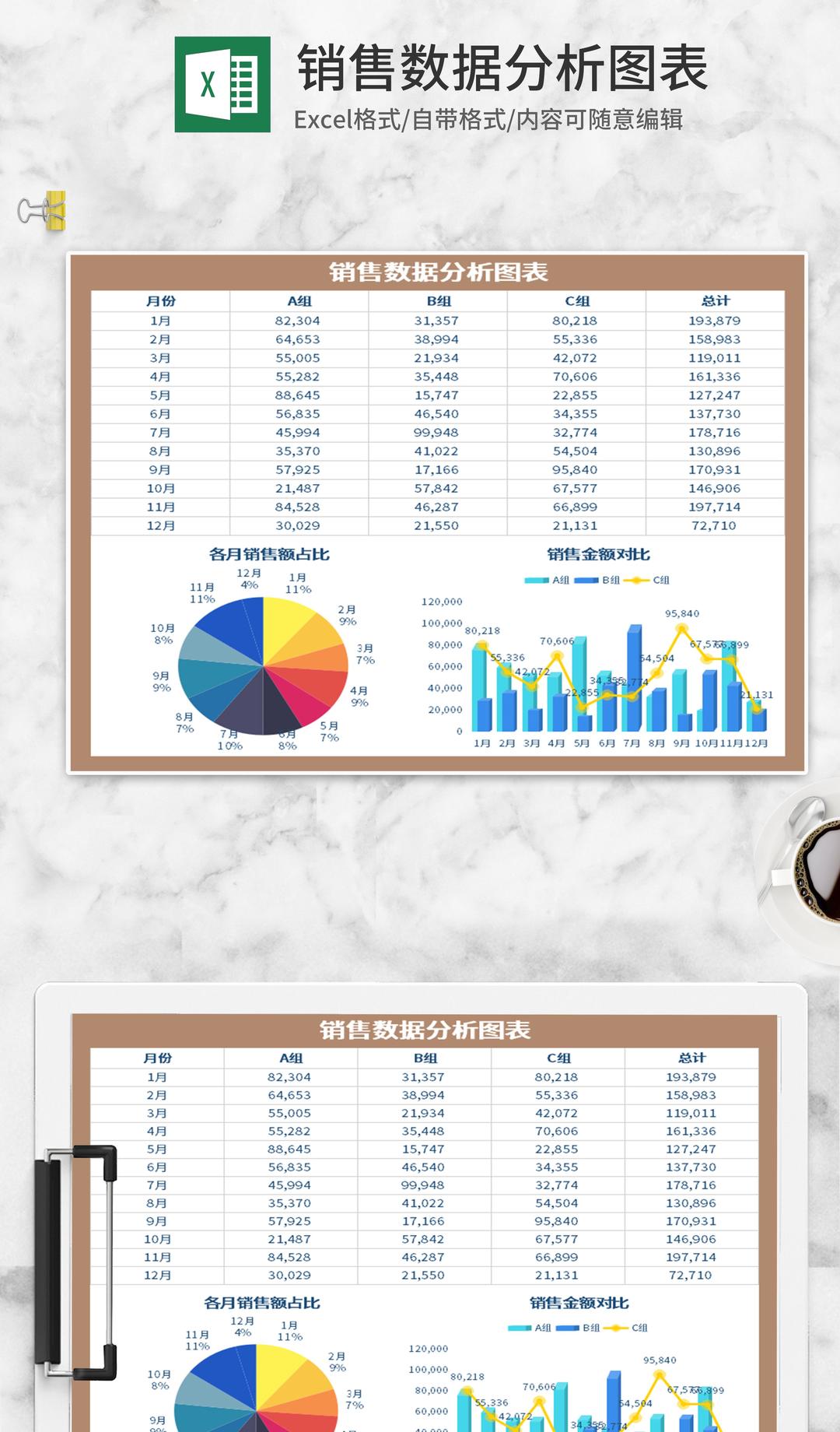 棕色销售数据分析图表Excel模板