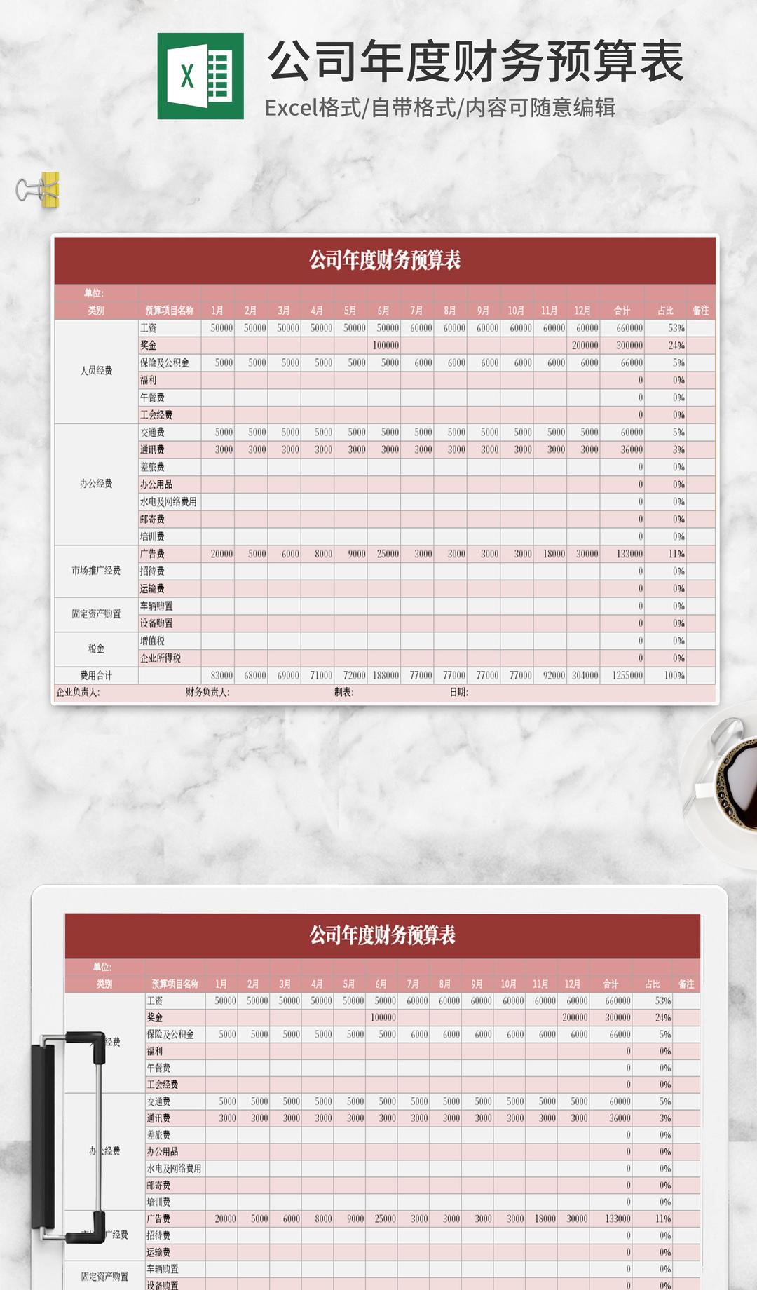 小清新粉色公司年度财务预算Excel模板