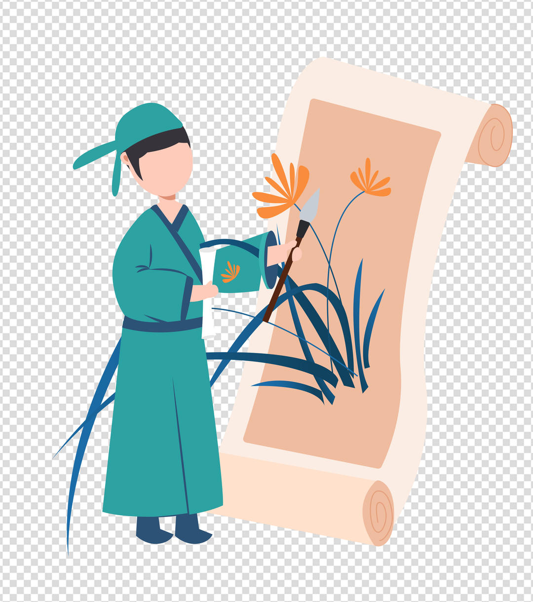 绿色国风文人绘画元素
