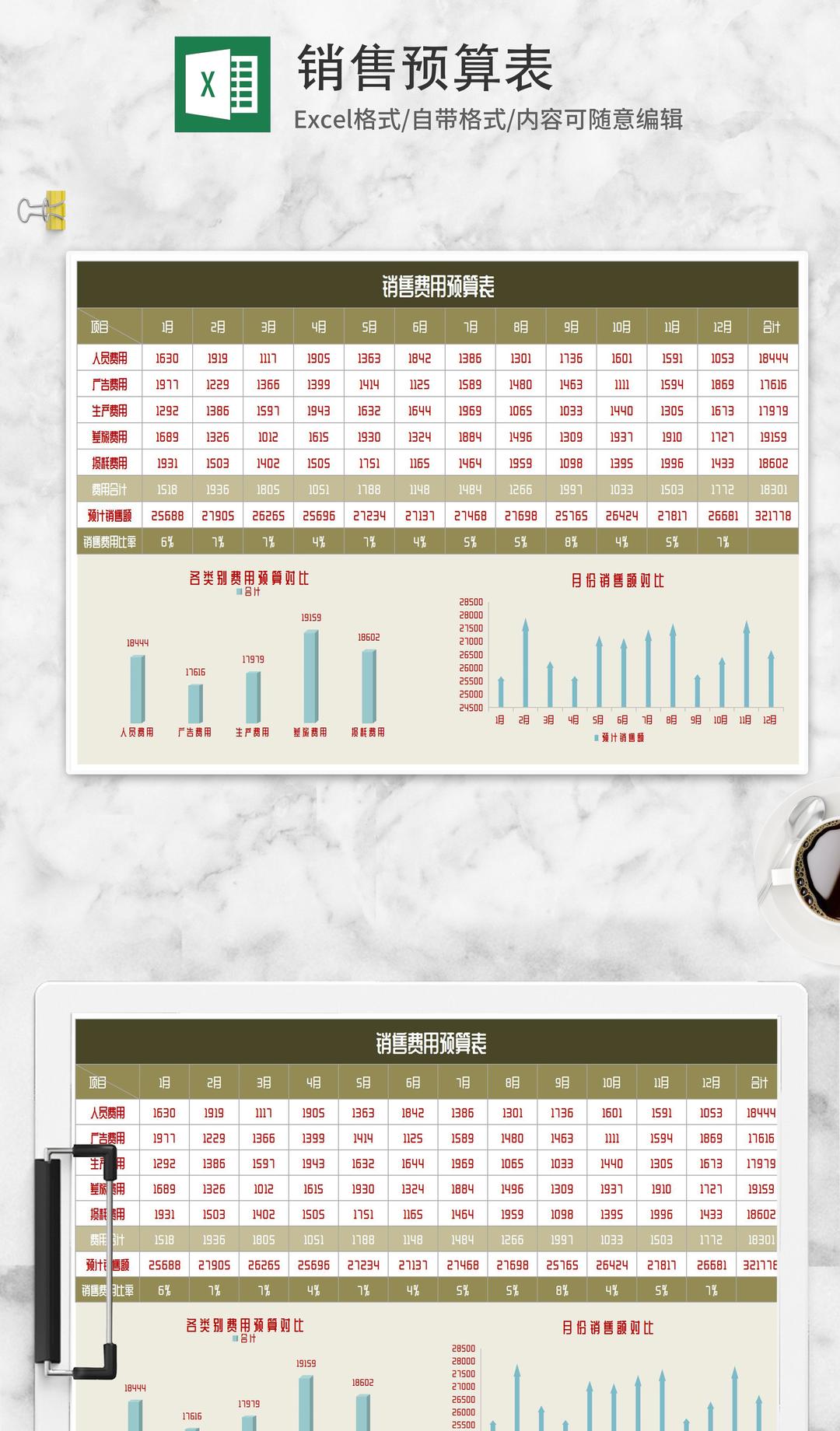 棕色公司月份销售费用预算表Excel模板