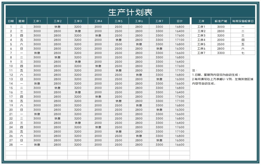 商务风产品生产工序计划表Excel模板