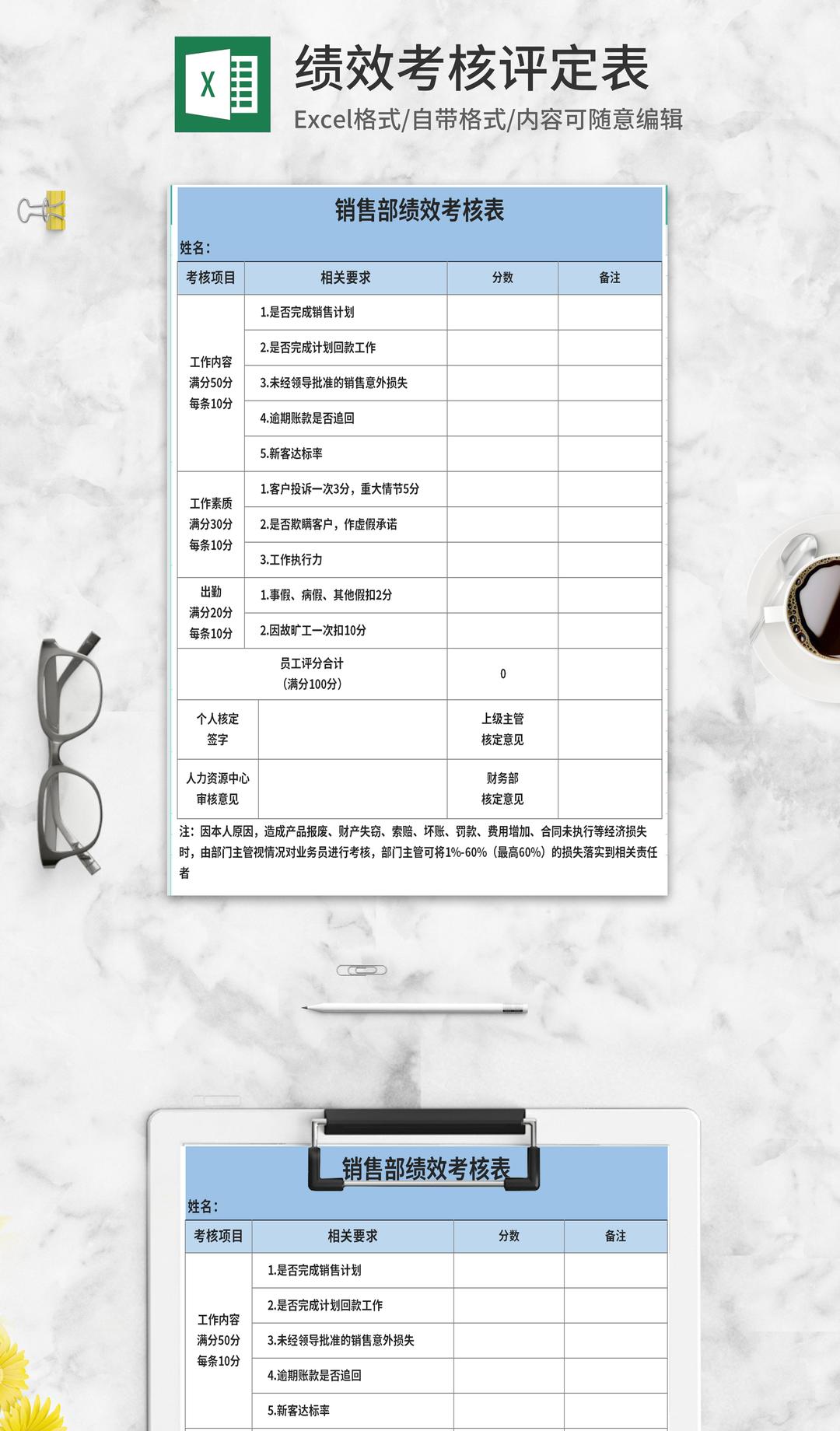 蓝色销售部绩效考核评定表Excel模板