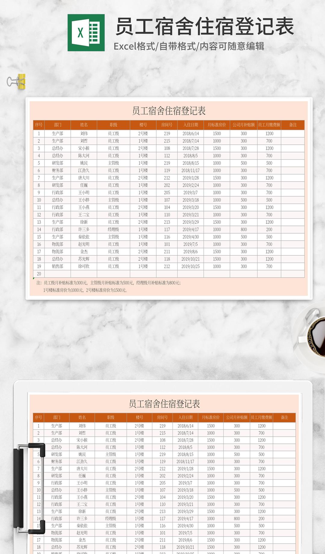 橘色员工宿舍住宿登记表Excel模板