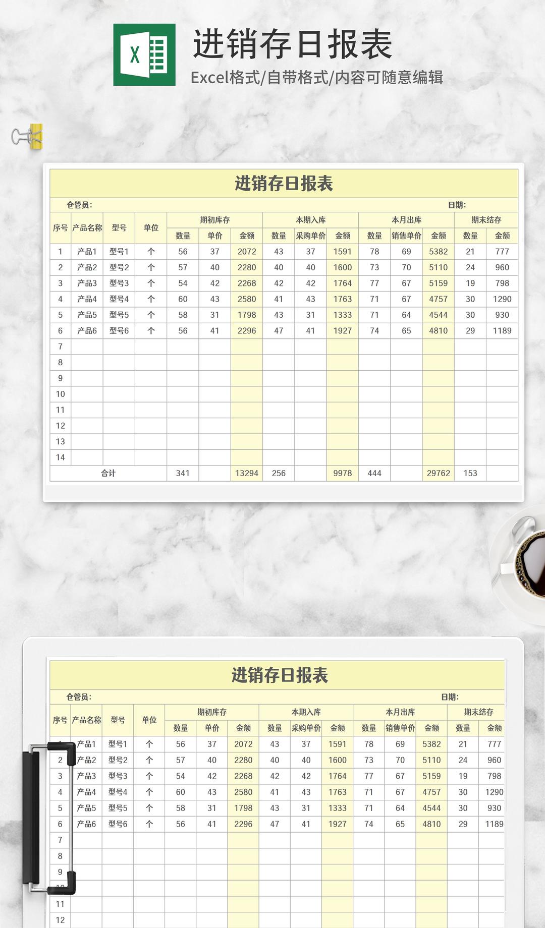 黄色产品进销存日报表Excel模板