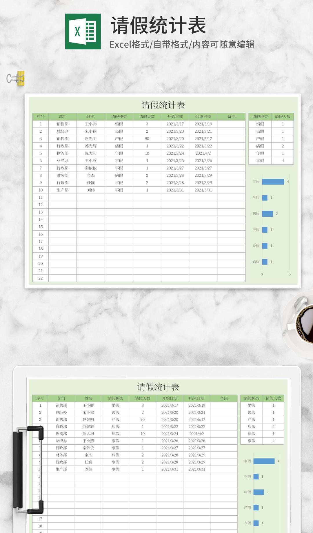 绿色员工请假统计表Excel模板