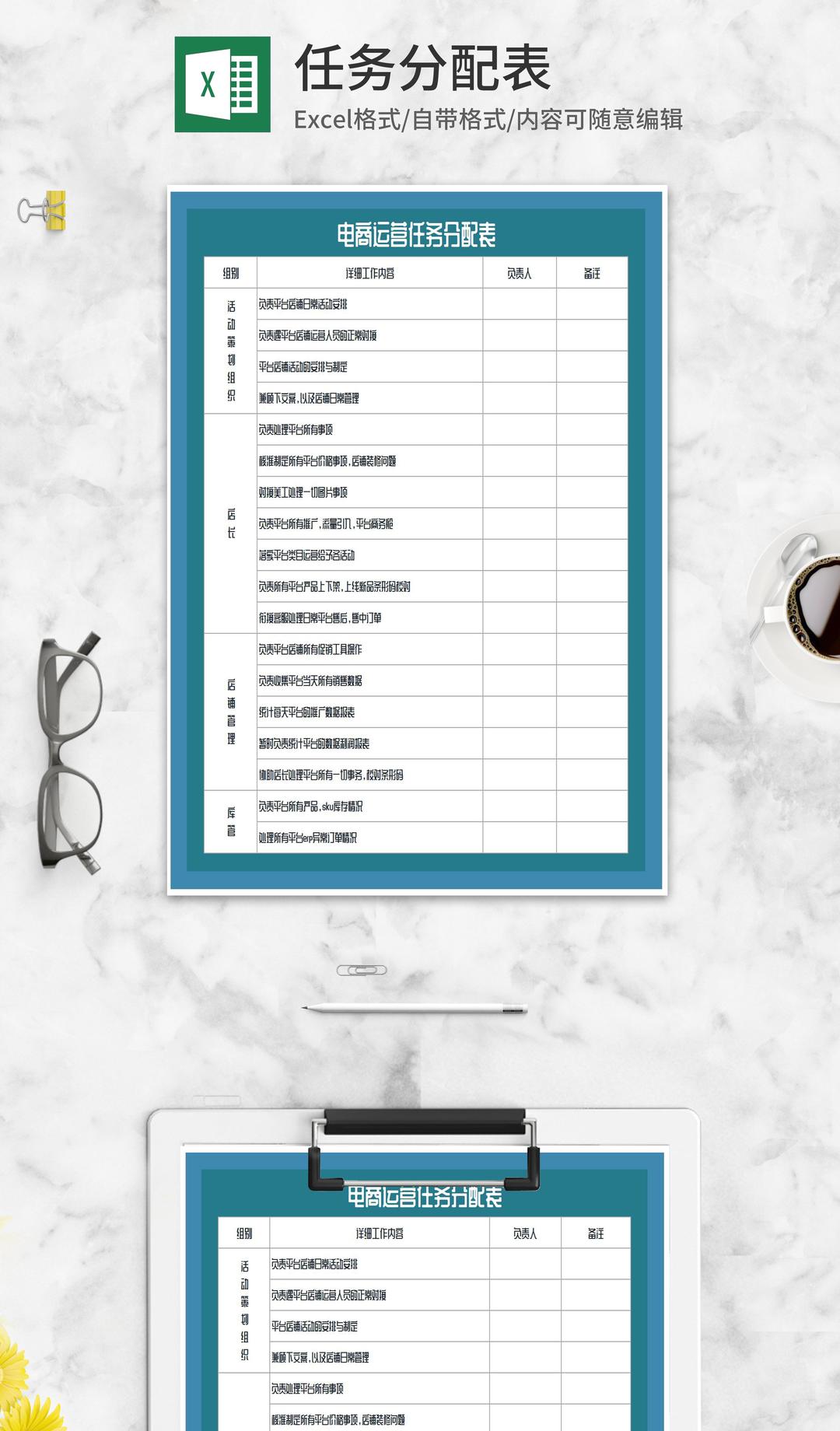 电商网店运营任务分配表Excel模板