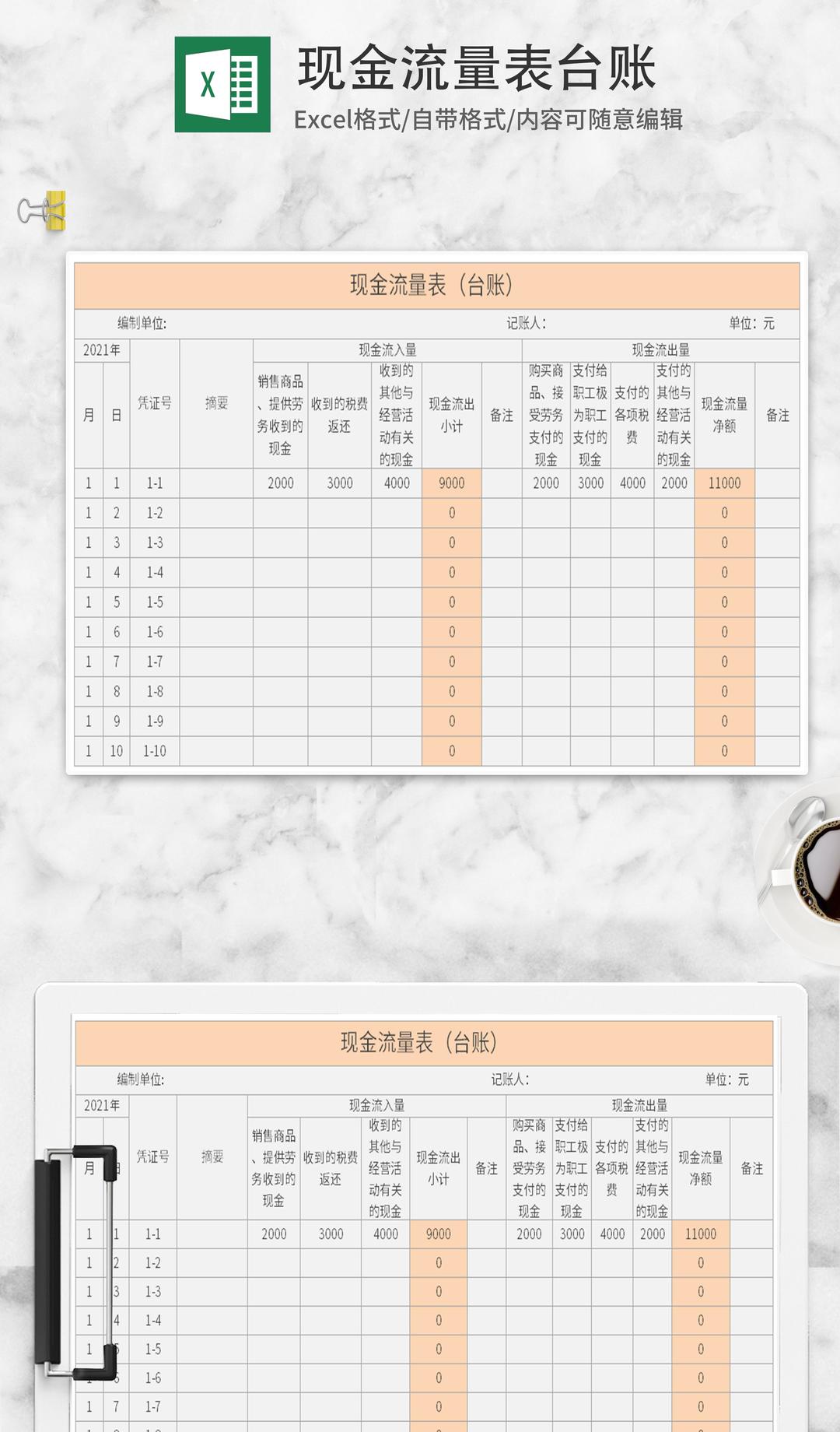 黄色现金流量表Excel模板