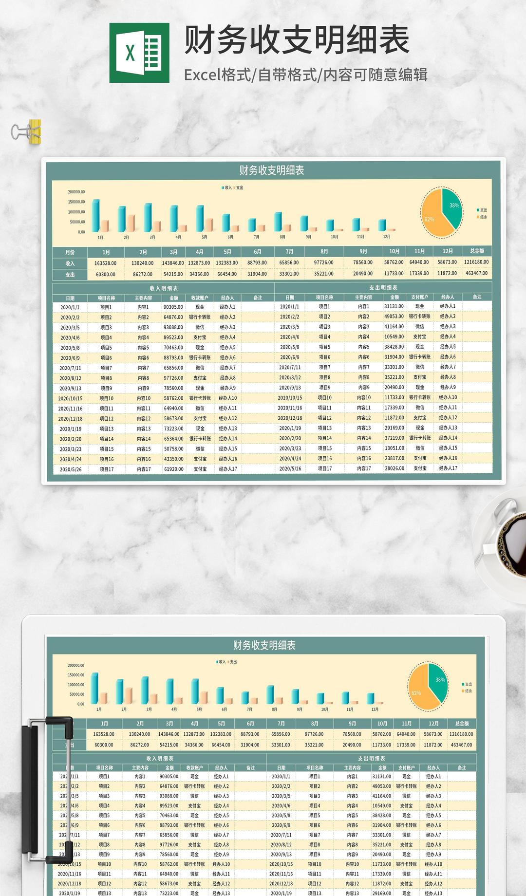 项目月度财务收支明细表Excel模板