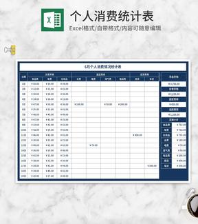 蓝色月度个人消费情况统计表Excel模板