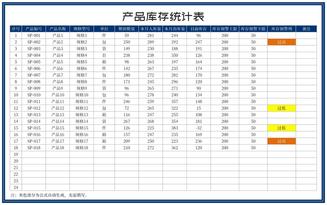 深蓝产品库存统计表Excel模板