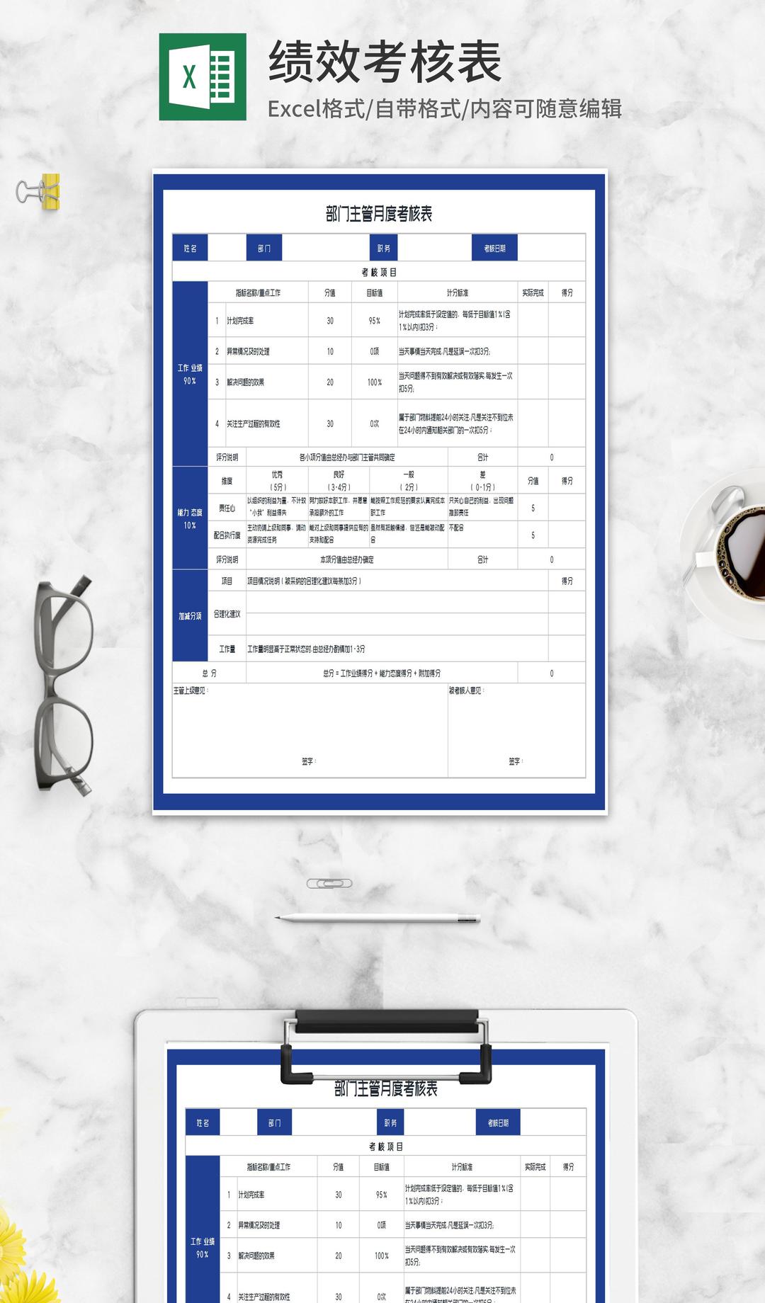 部门主管月度考核表Excel模板