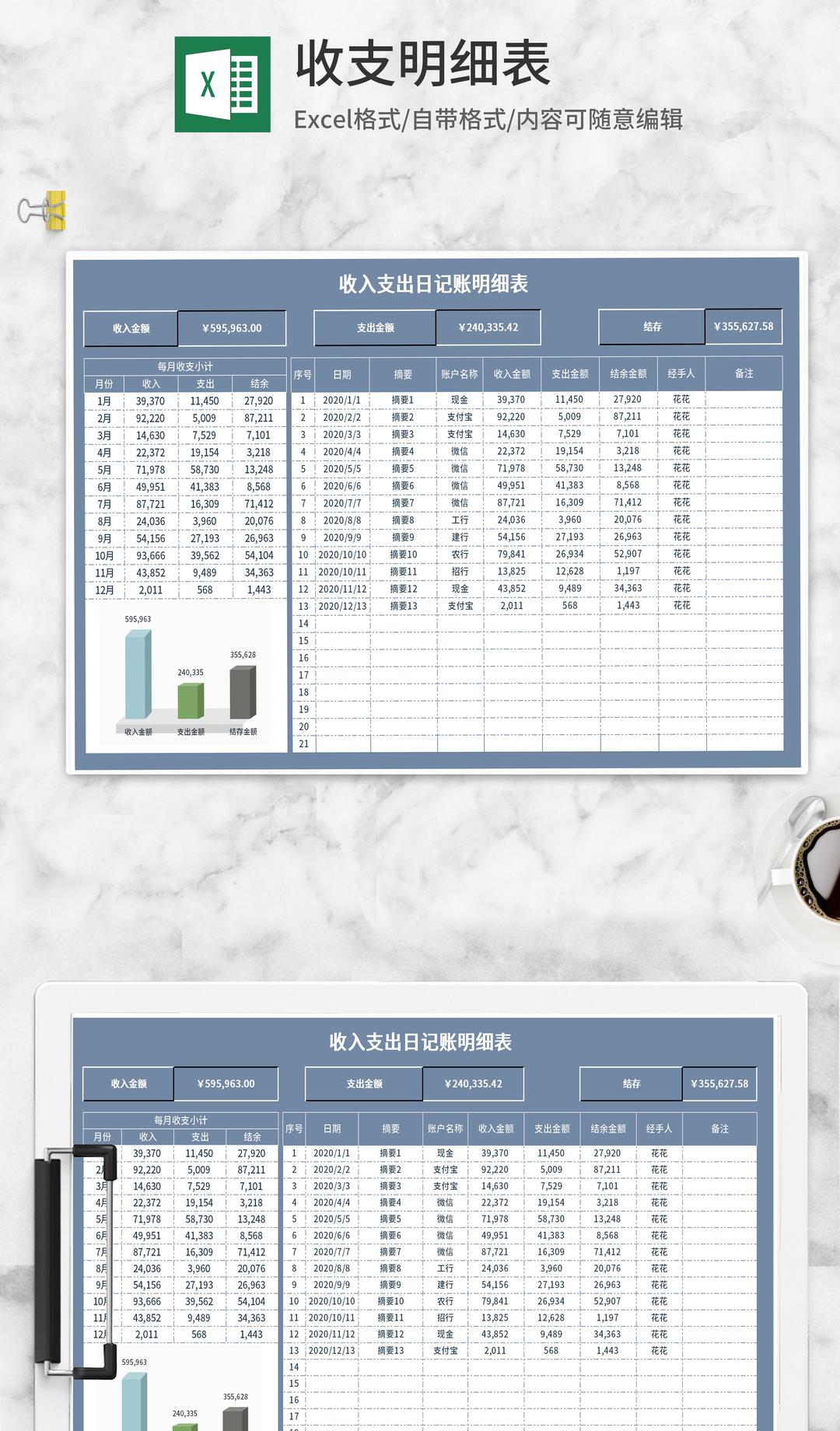 月度收入支出日记账明细表Excel模板