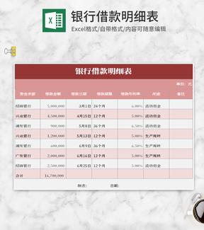 小清新红色银行借款明细表Excel模板
