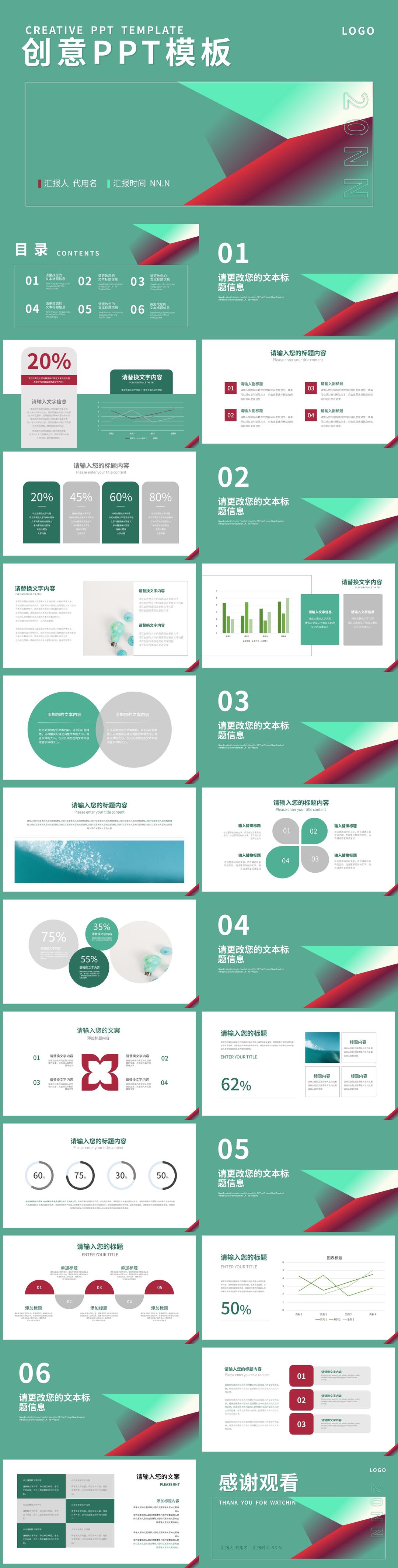 绿色简约风创意总结汇报PPT模板