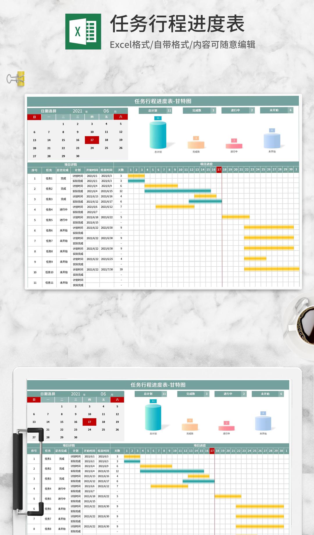 任务行程计划进度甘特图Excel模板