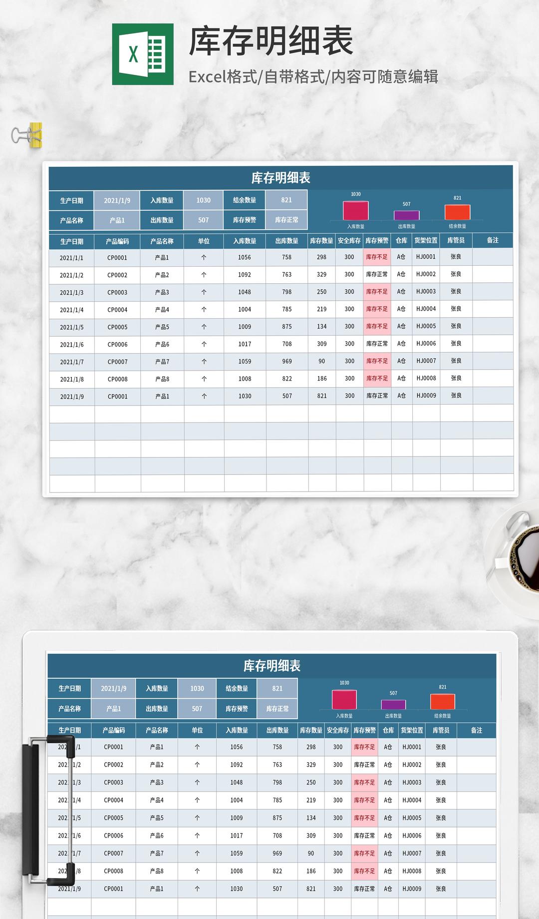 蓝色库存管理明细表Excel模板