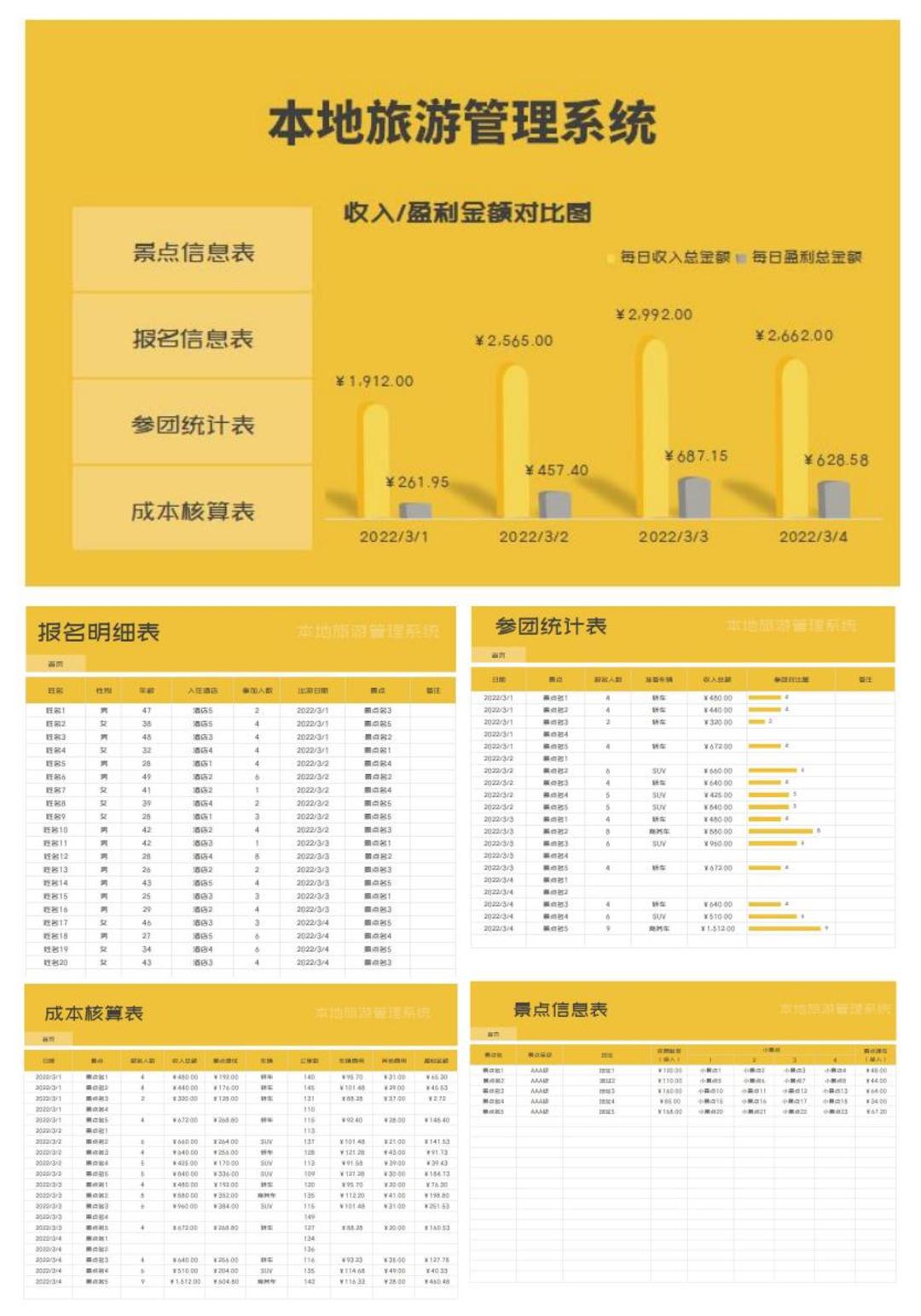 黄色本地旅游管理系统Excel模板