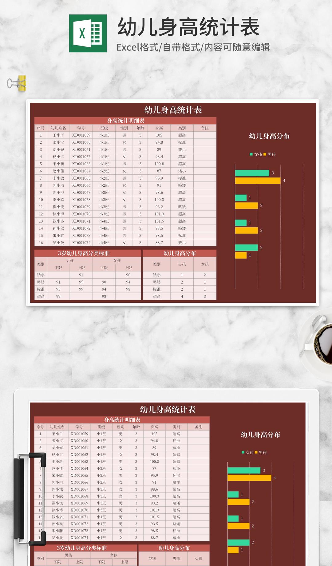 红色幼儿身高统计表Excel模板