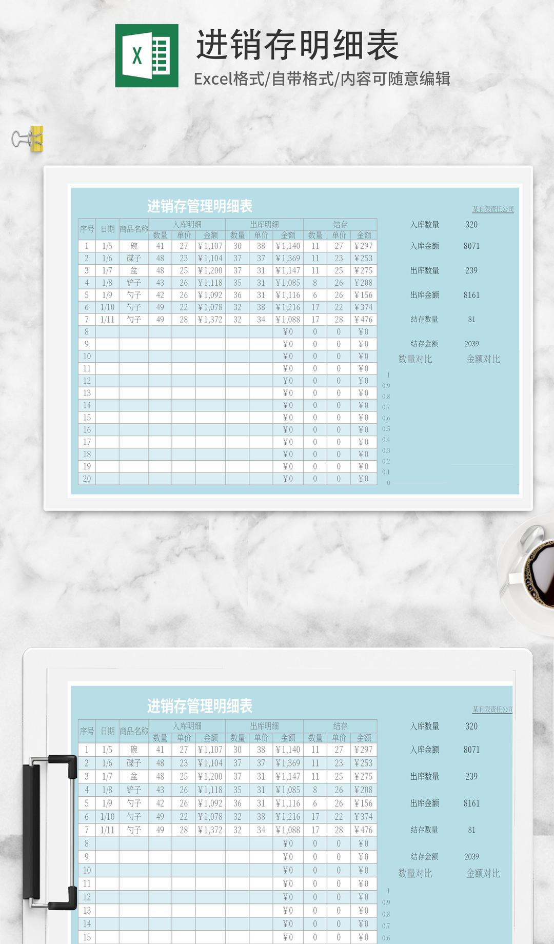 蓝色商品进销存管理明细表Excel模板