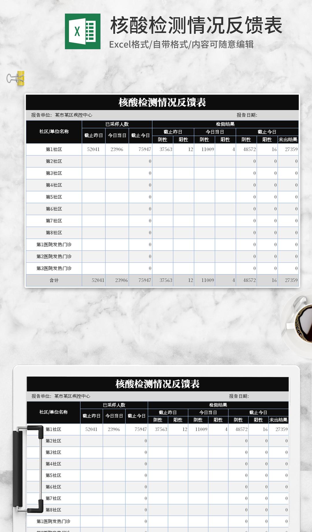 简约黑色核酸检测情况反馈表Excel模板