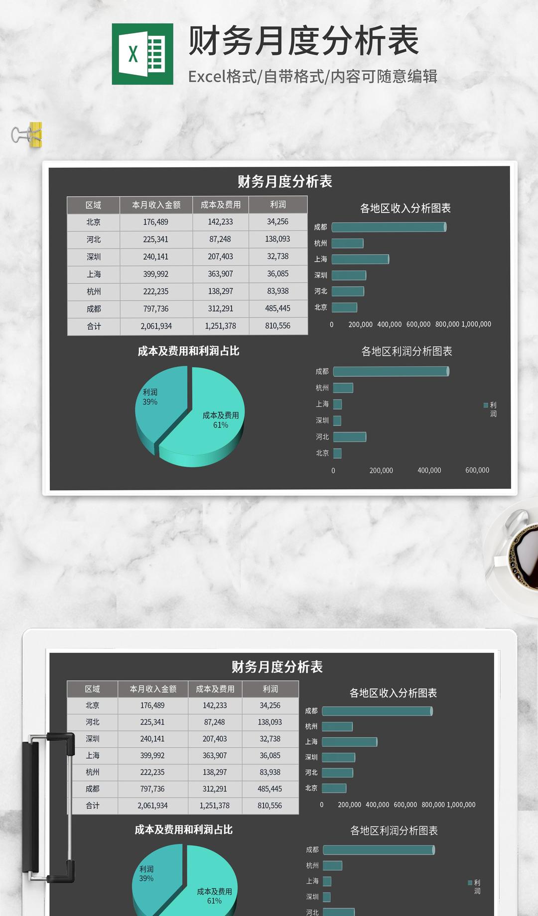 深灰区域财务月度分析表Excel模板