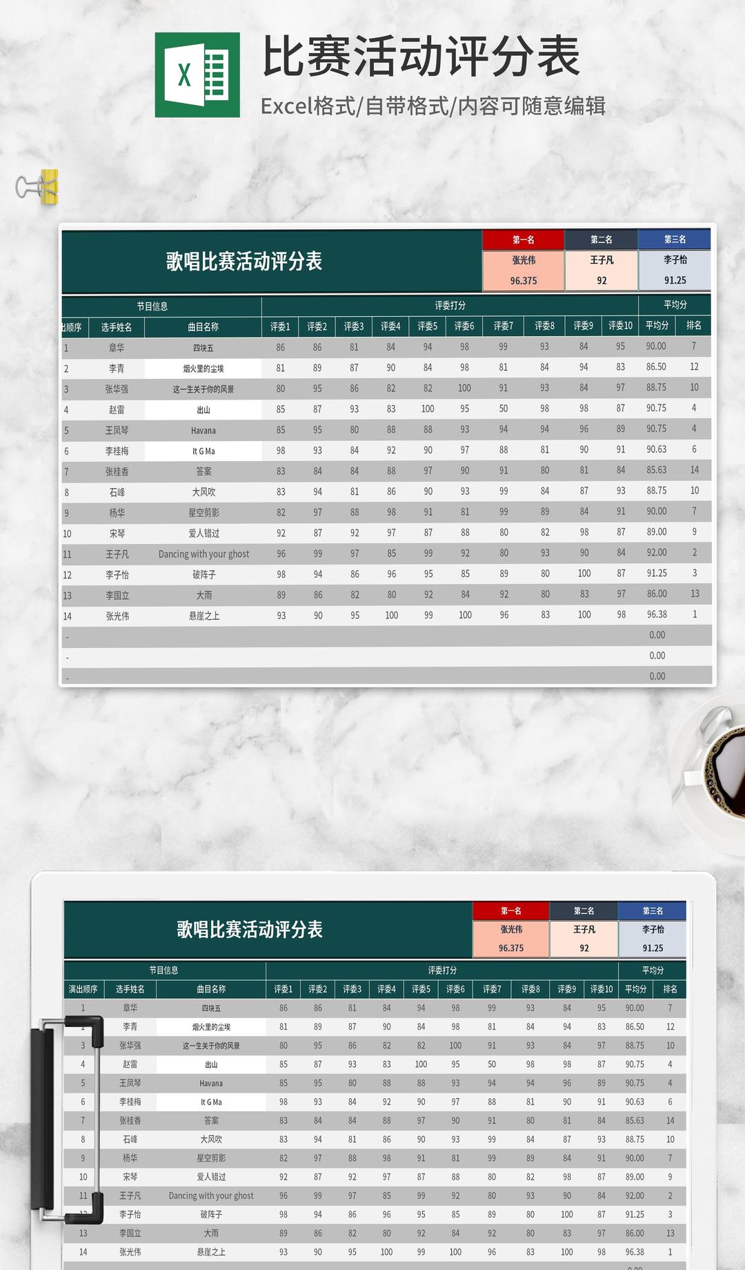 绿色歌唱比赛活动评分表Excel模板