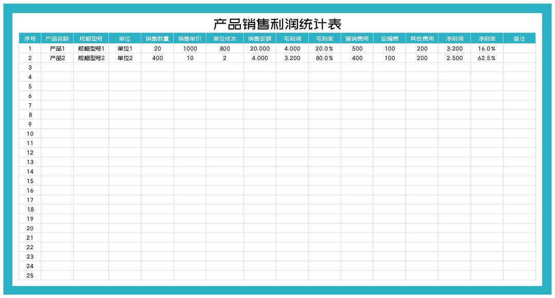 蓝色产品销售利润统计表Excel模板