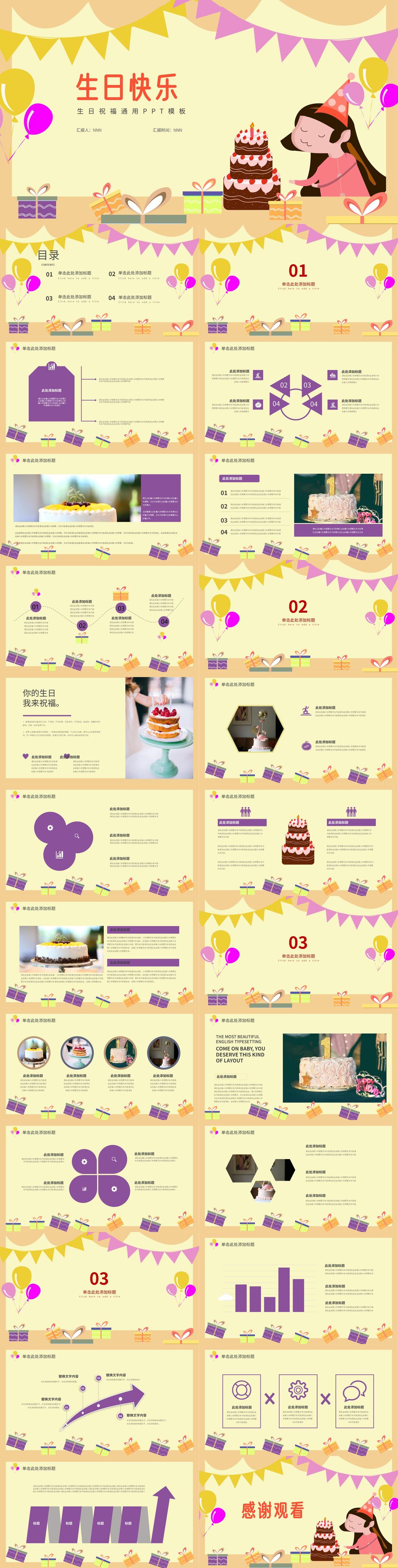 黄色卡通风生日祝福PPT模板