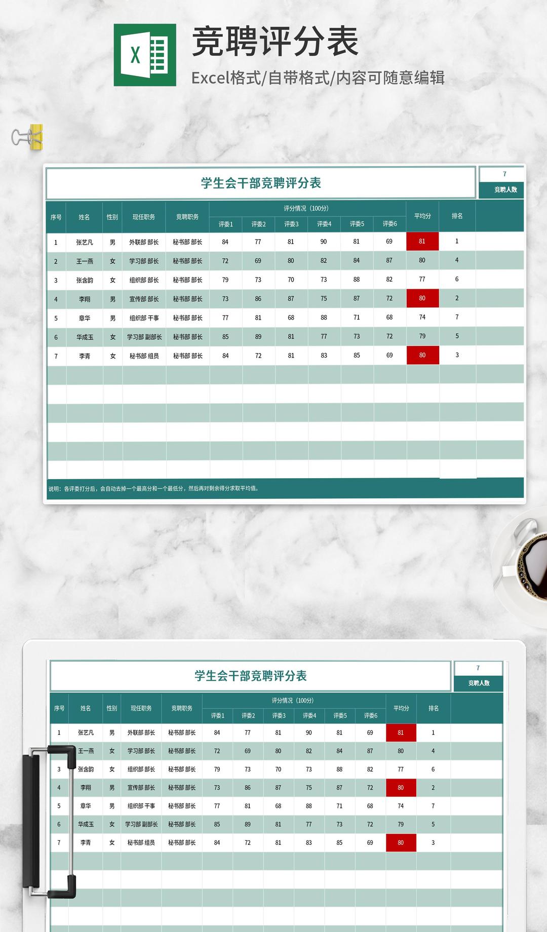 绿色学生会干部竞聘评分表Excel模板