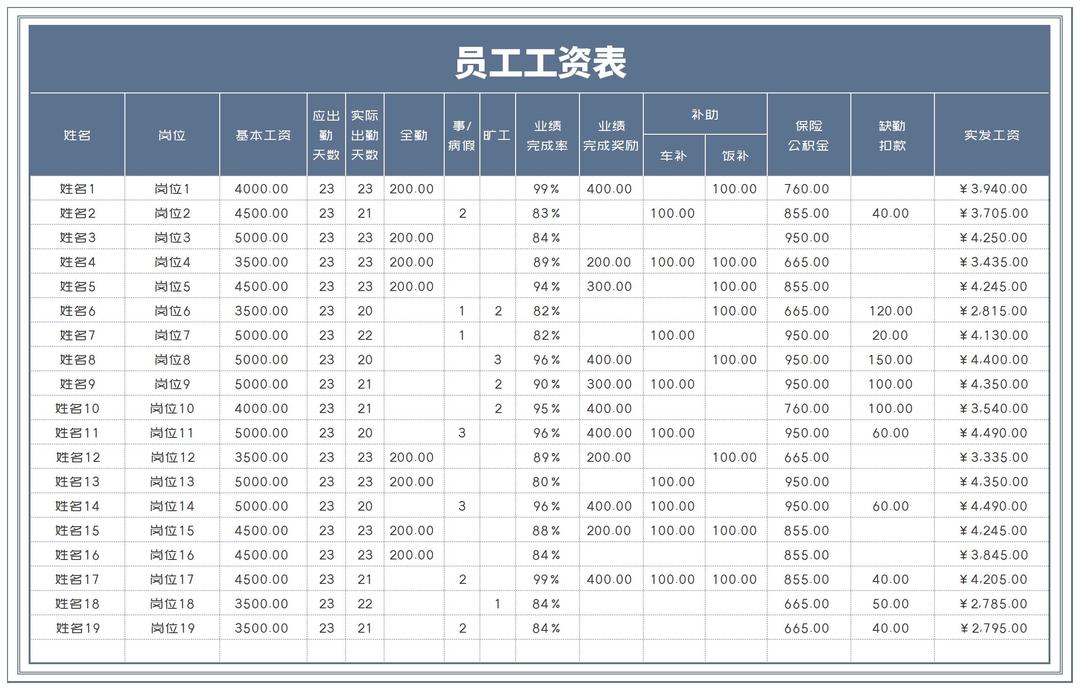 商务风灰色公司员工工资明细表Excel模板