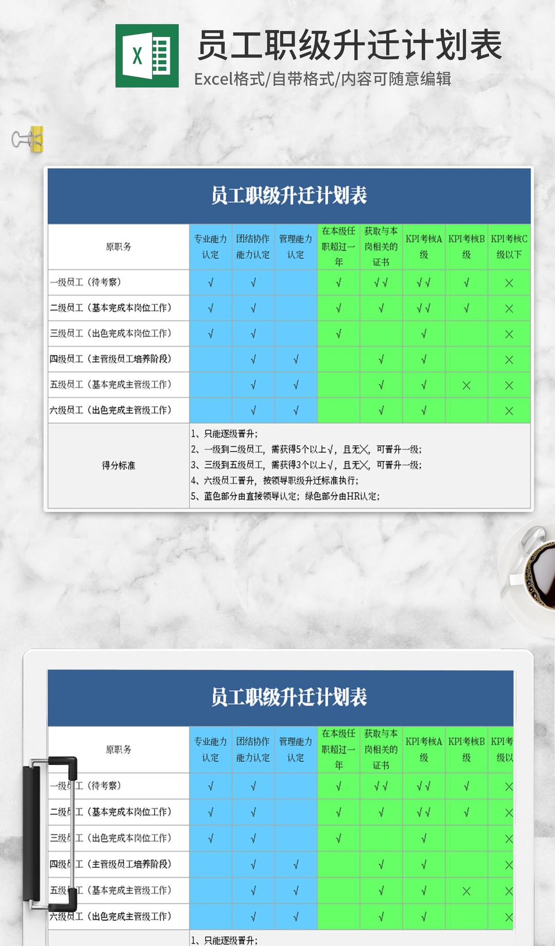 简约蓝色员工职级升迁计划Excel模板
