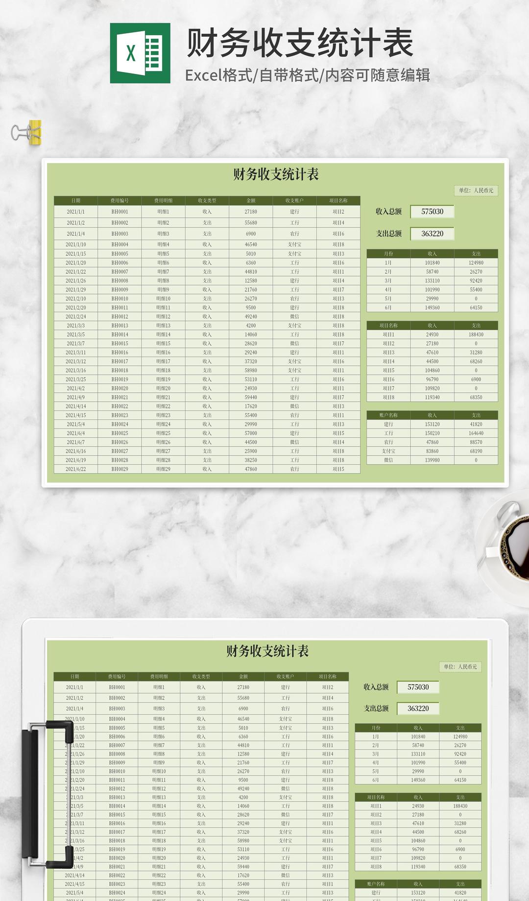 绿色项目财务收支统计表Excel模板